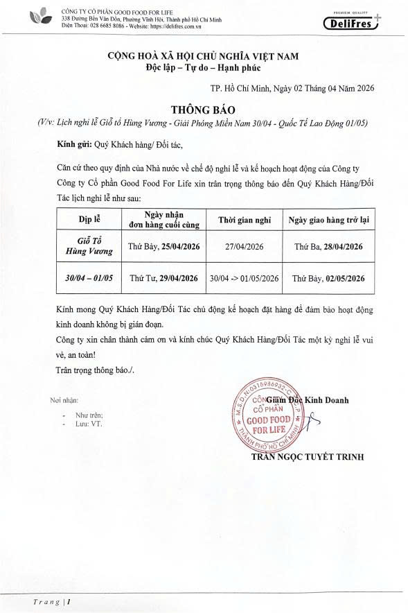 THÔNG BÁO LỊCH NGHĨ LỄ GIỖ TỔ VÀ 30/4 – 1/5